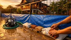 ทำแนวกั้นน้ำรอบรั้วแบบเร่งด่วน ใช้ผ้าใบ งบไม่ถึง 2,000 บาท